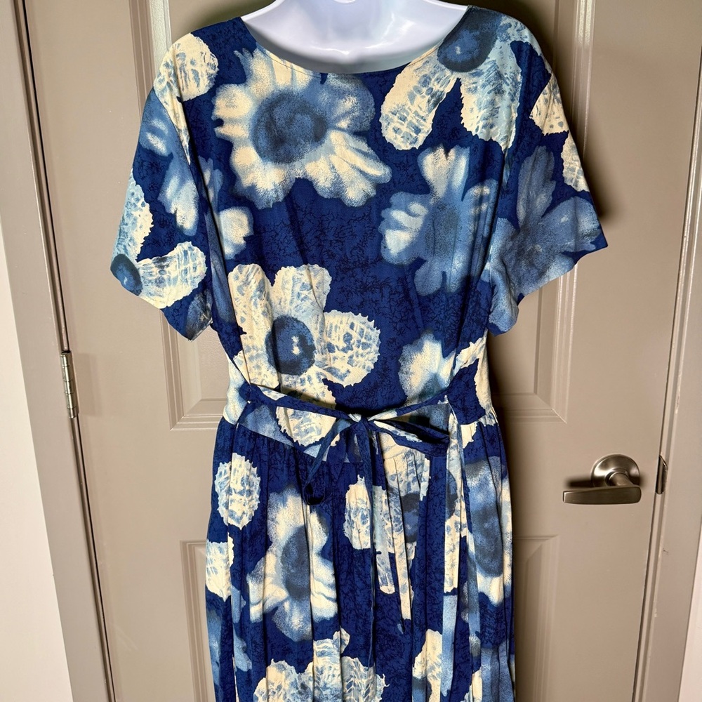 Vintage Maxi Dress XXL Blue Floral Bold Print Tie Waist Boho 90s - Picture 4 of 6